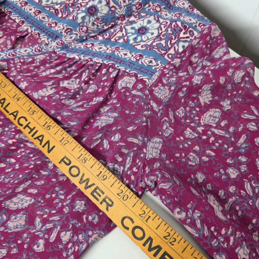 Lucky Brand Floral Boho Blouse Small Magenta Purple Blue Henley Chiffon Top - Picture 7 of 9